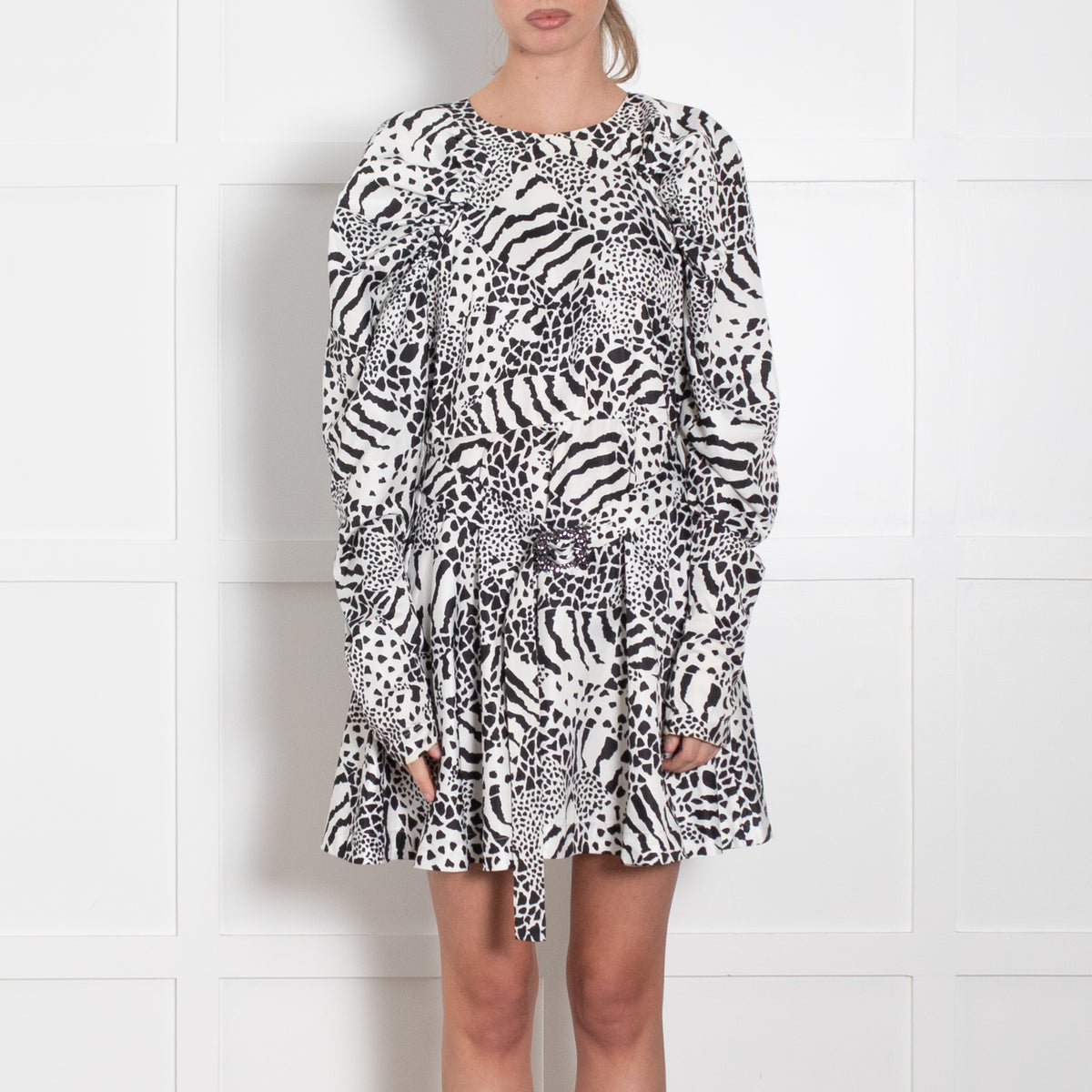 Rotate White Black Animal Print Puff Sleeve Belted Dress