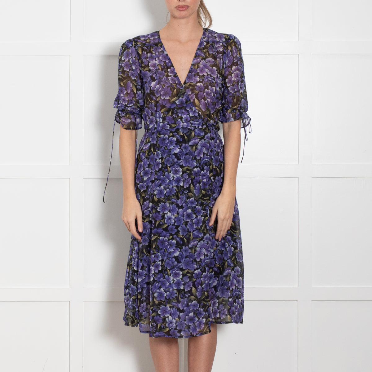 The Kooples Black Purple Puff Sleeve Wrap Sheer Dress