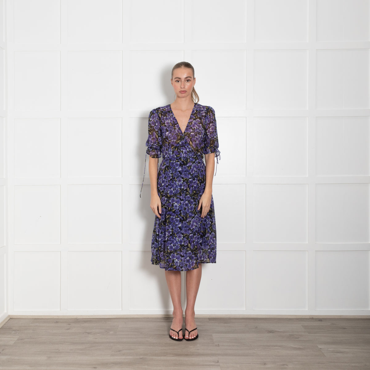 The Kooples Black Purple Puff Sleeve Wrap Sheer Dress