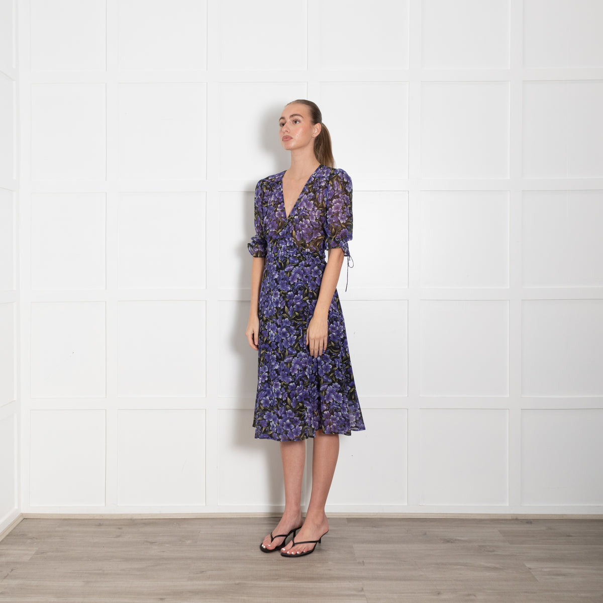 The Kooples Black Purple Puff Sleeve Wrap Sheer Dress