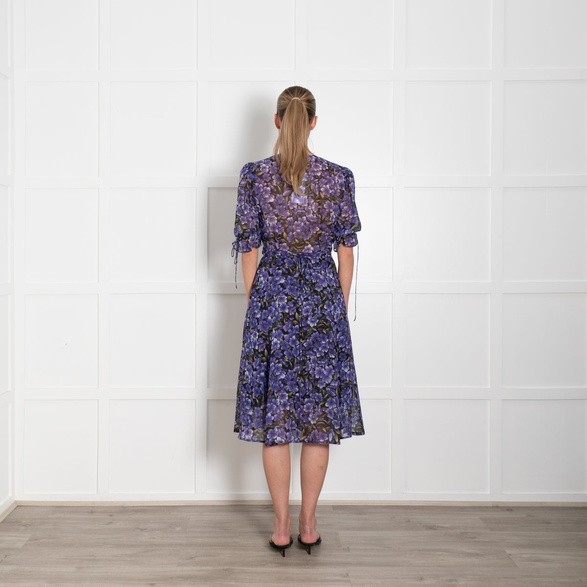 The Kooples Black Purple Puff Sleeve Wrap Sheer Dress