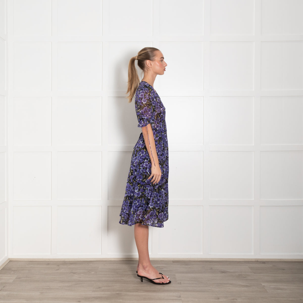 The Kooples Black Purple Puff Sleeve Wrap Sheer Dress