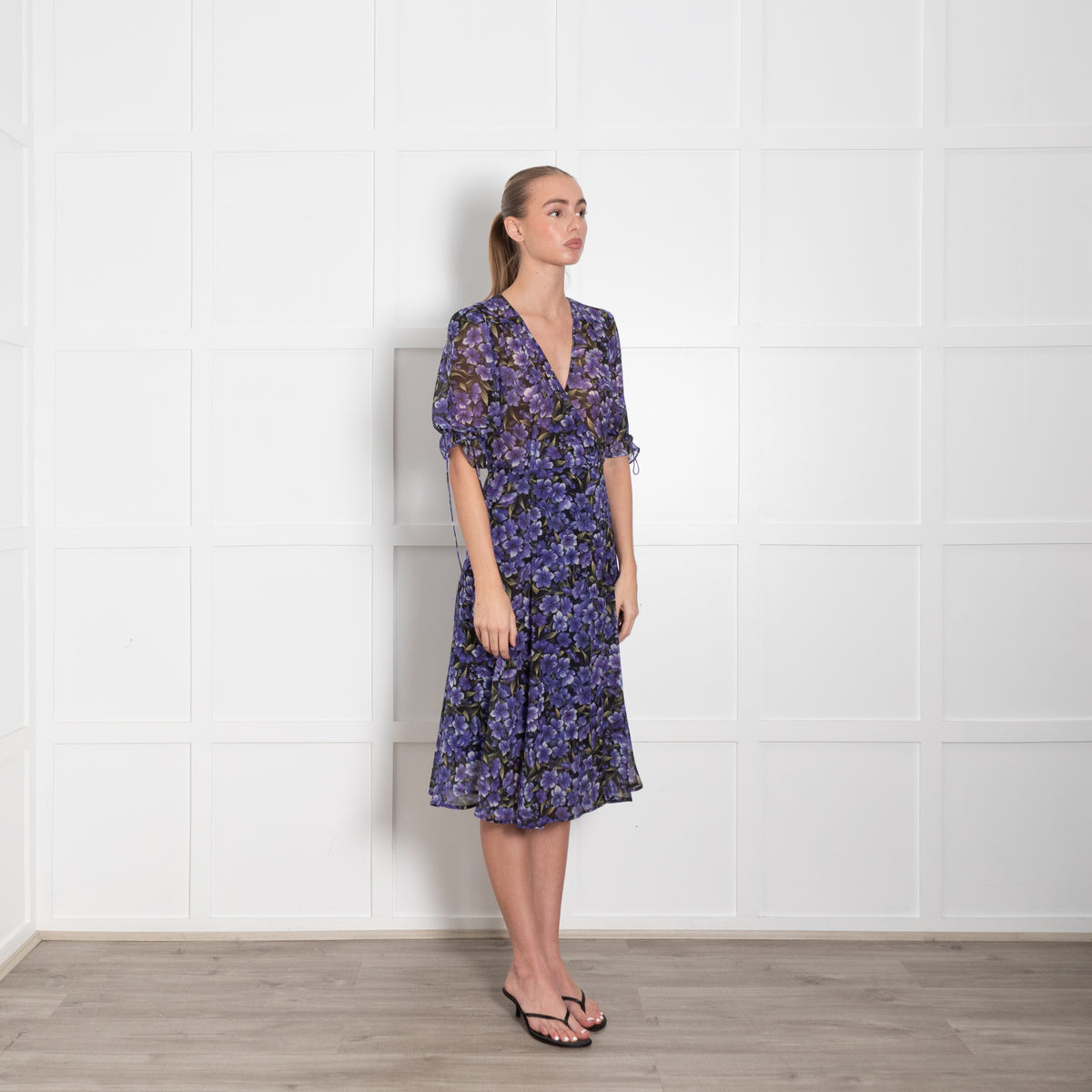 The Kooples Black Purple Puff Sleeve Wrap Sheer Dress