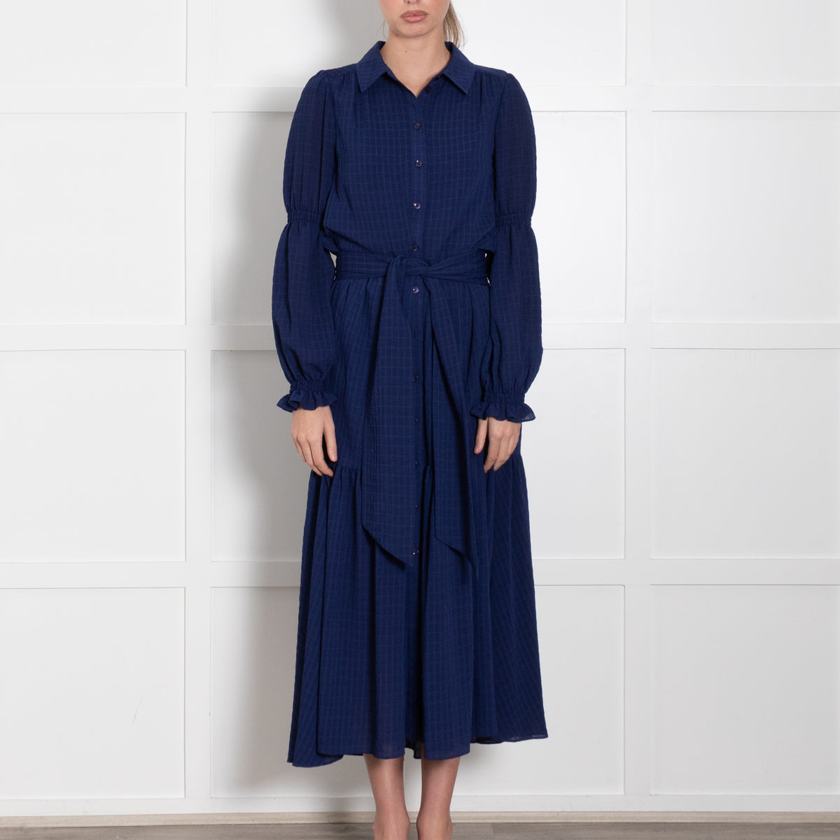 Me + Em Blue Tiered Belted Long Sleeve Dress