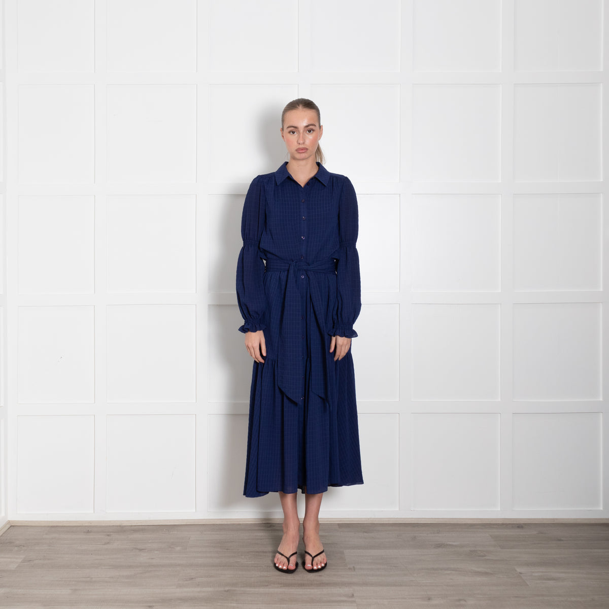 Me + Em Blue Tiered Belted Long Sleeve Dress