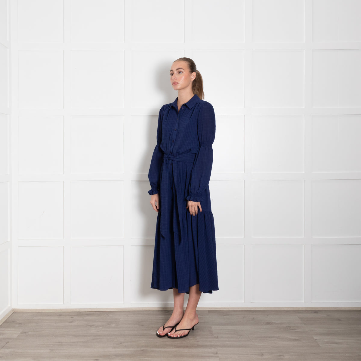 Me + Em Blue Tiered Belted Long Sleeve Dress