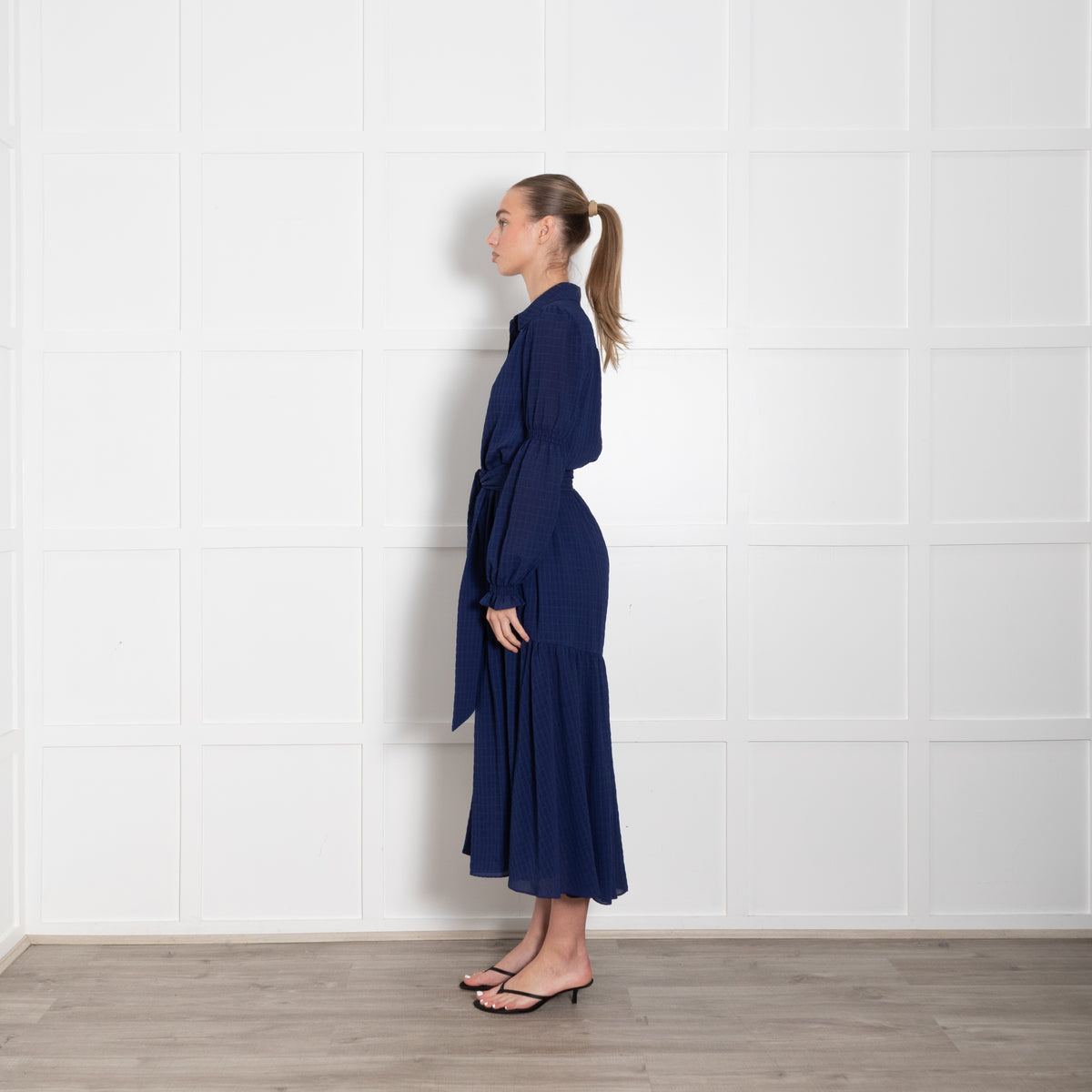 Me + Em Blue Tiered Belted Long Sleeve Dress