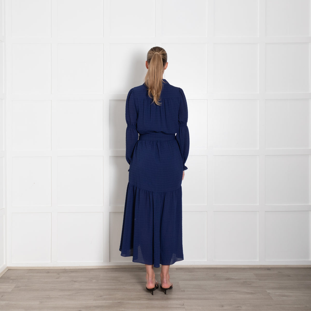 Me + Em Blue Tiered Belted Long Sleeve Dress