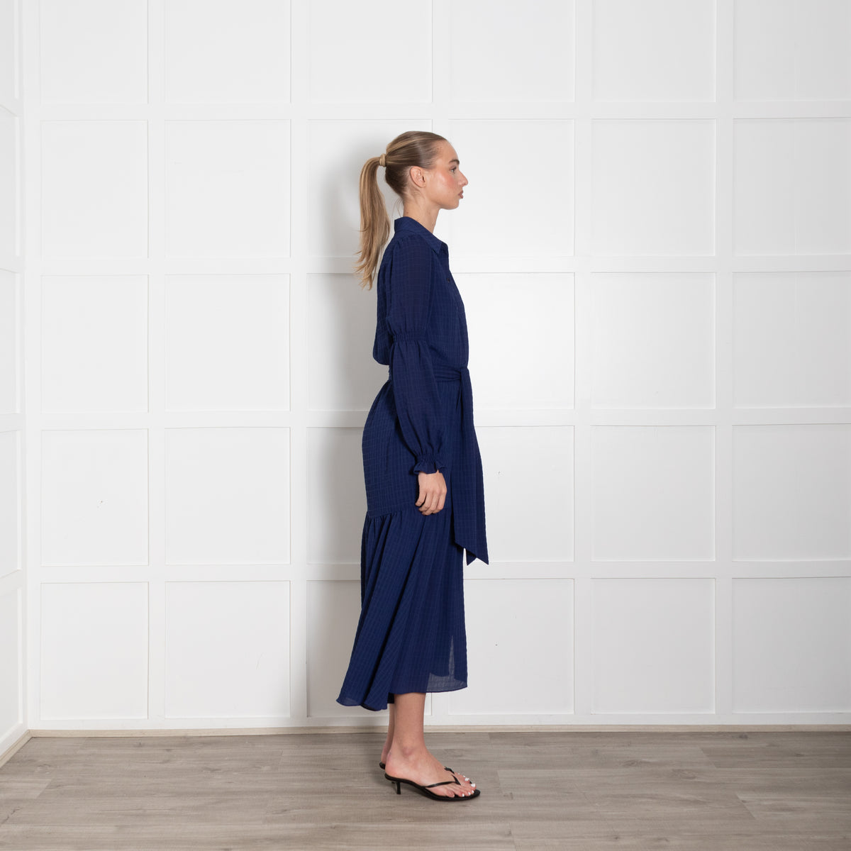Me + Em Blue Tiered Belted Long Sleeve Dress