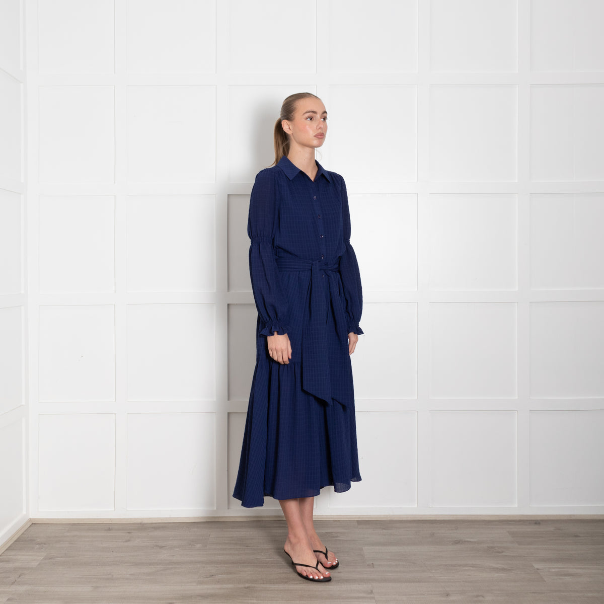 Me + Em Blue Tiered Belted Long Sleeve Dress