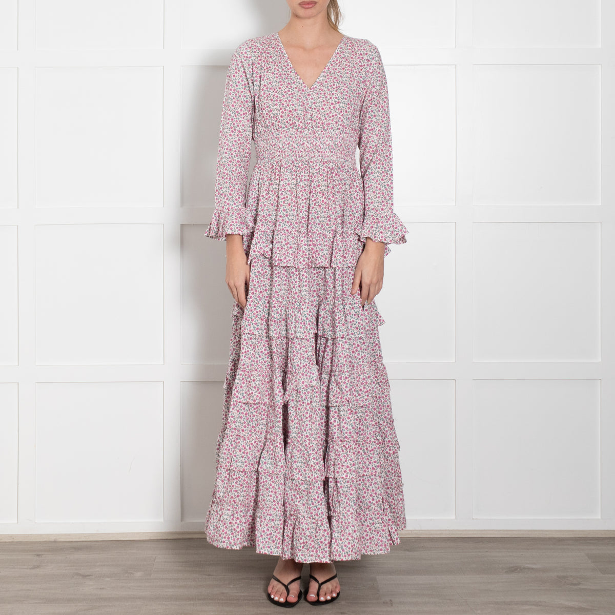 Pink City Prints White Pink Green Ditzy Floral Cotton Tiered Maxi Dress