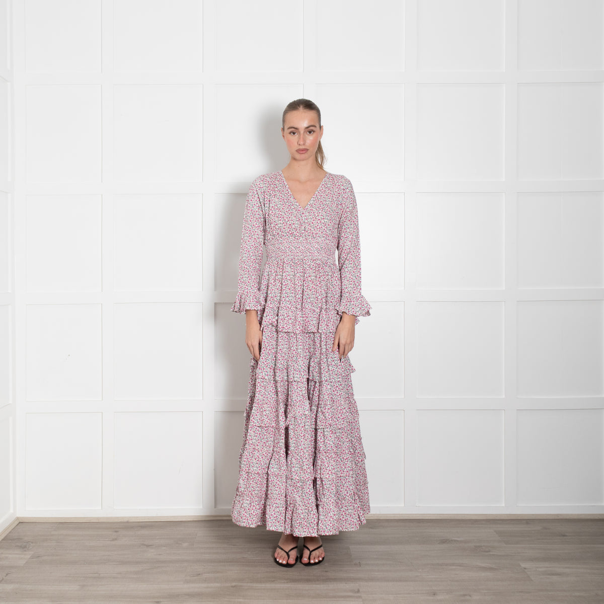 Pink City Prints White Pink Green Ditzy Floral Cotton Tiered Maxi Dress