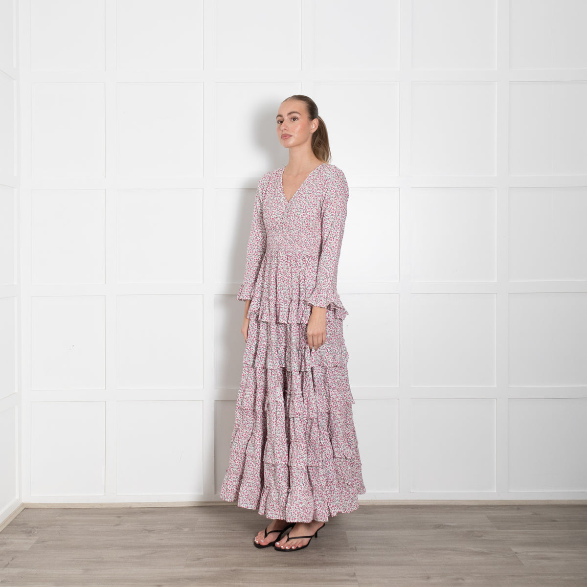 Pink City Prints White Pink Green Ditzy Floral Cotton Tiered Maxi Dress