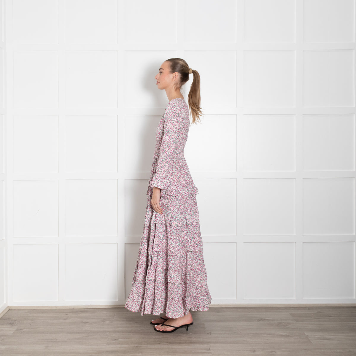Pink City Prints White Pink Green Ditzy Floral Cotton Tiered Maxi Dress