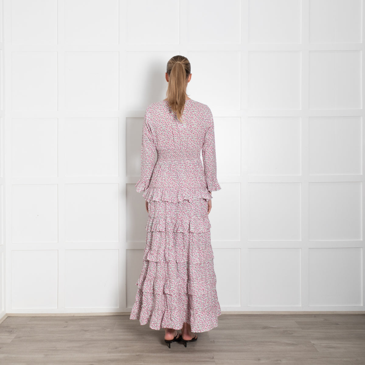 Pink City Prints White Pink Green Ditzy Floral Cotton Tiered Maxi Dress