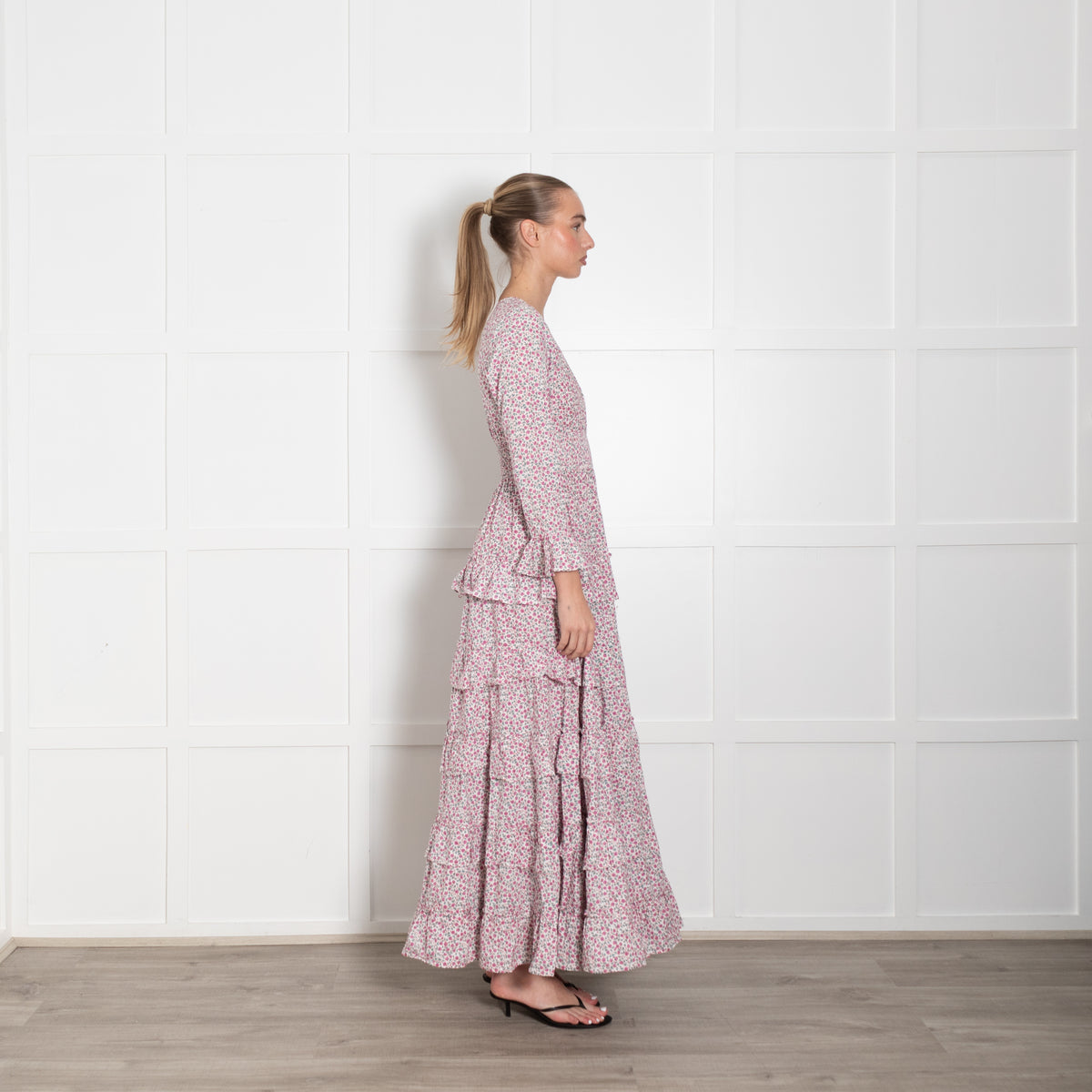 Pink City Prints White Pink Green Ditzy Floral Cotton Tiered Maxi Dress
