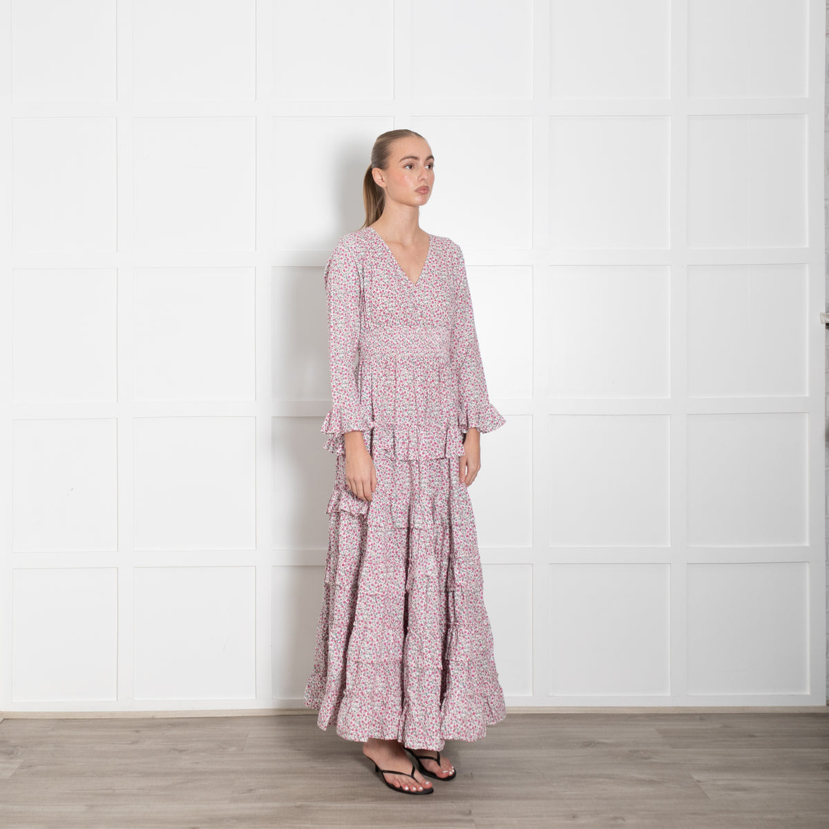 Pink City Prints White Pink Green Ditzy Floral Cotton Tiered Maxi Dress