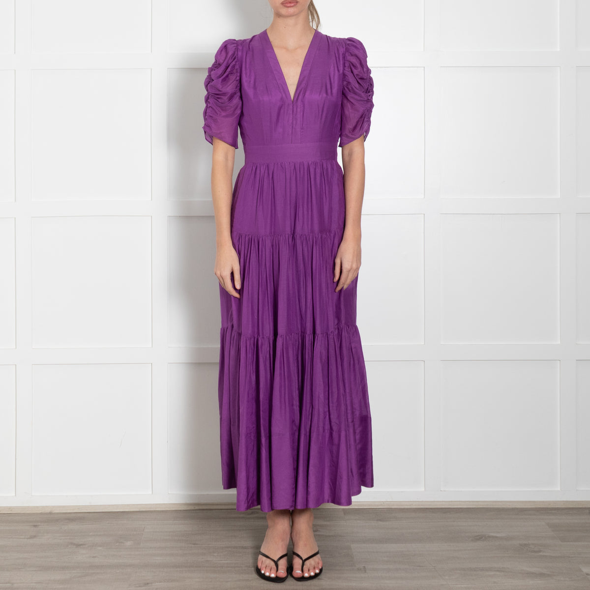 Me + Em Purple Ruched Short Sleeve Tiered Maxi Dress