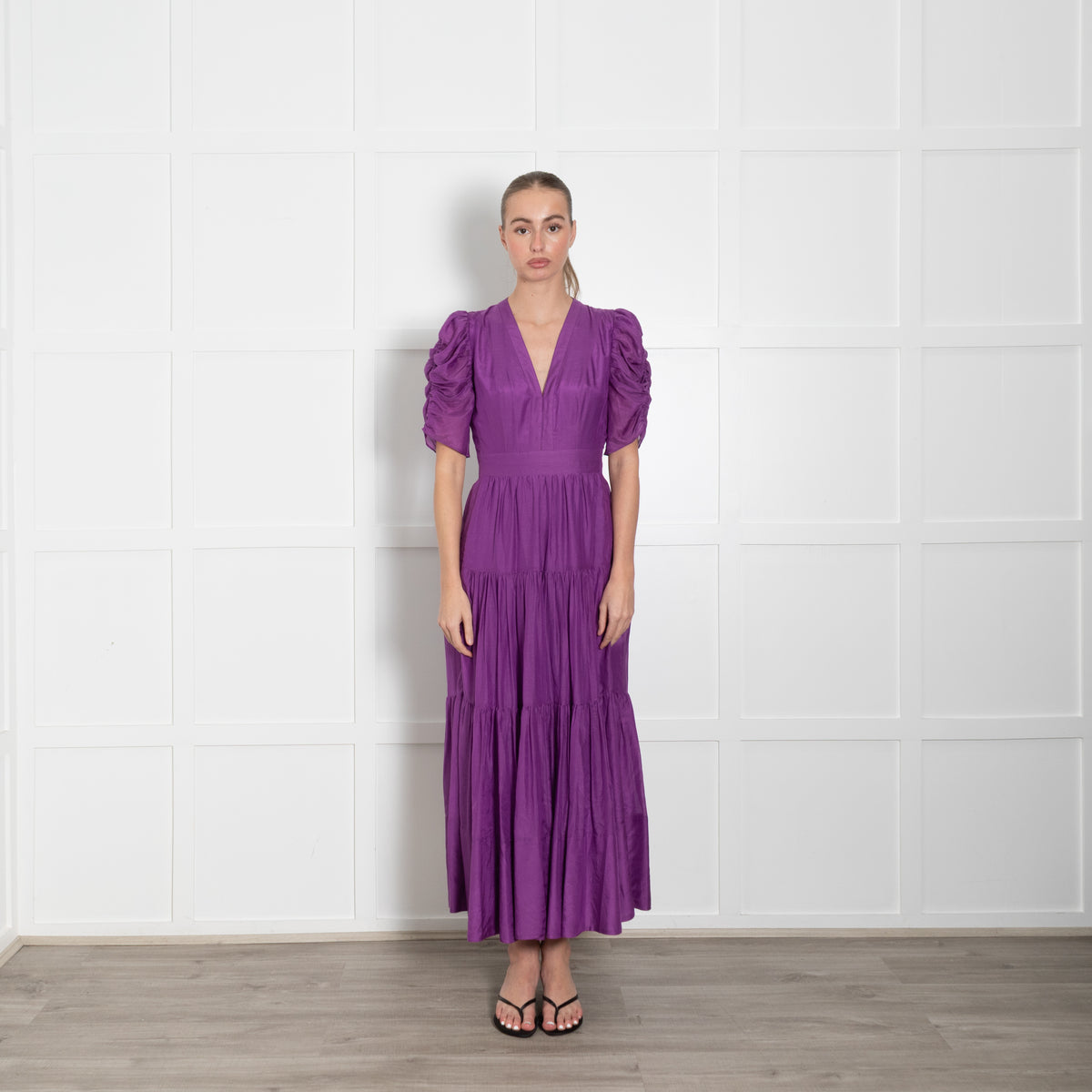 Me + Em Purple Ruched Short Sleeve Tiered Maxi Dress
