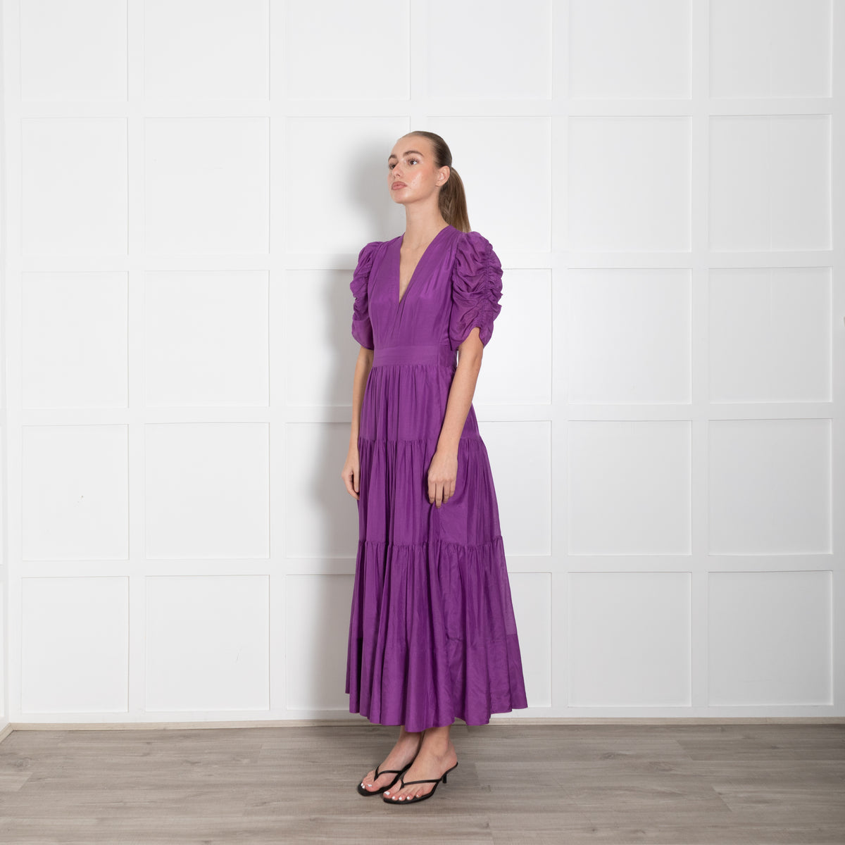 Me + Em Purple Ruched Short Sleeve Tiered Maxi Dress