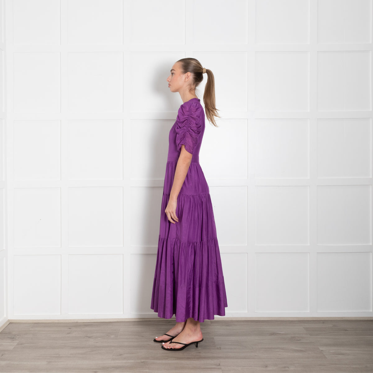 Me + Em Purple Ruched Short Sleeve Tiered Maxi Dress