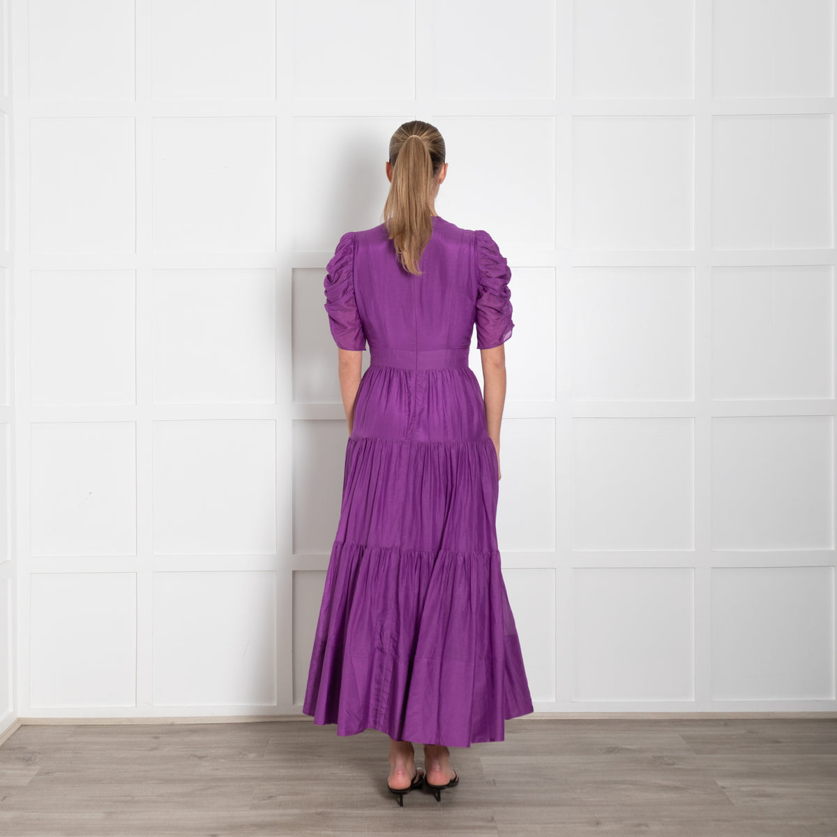 Me + Em Purple Ruched Short Sleeve Tiered Maxi Dress