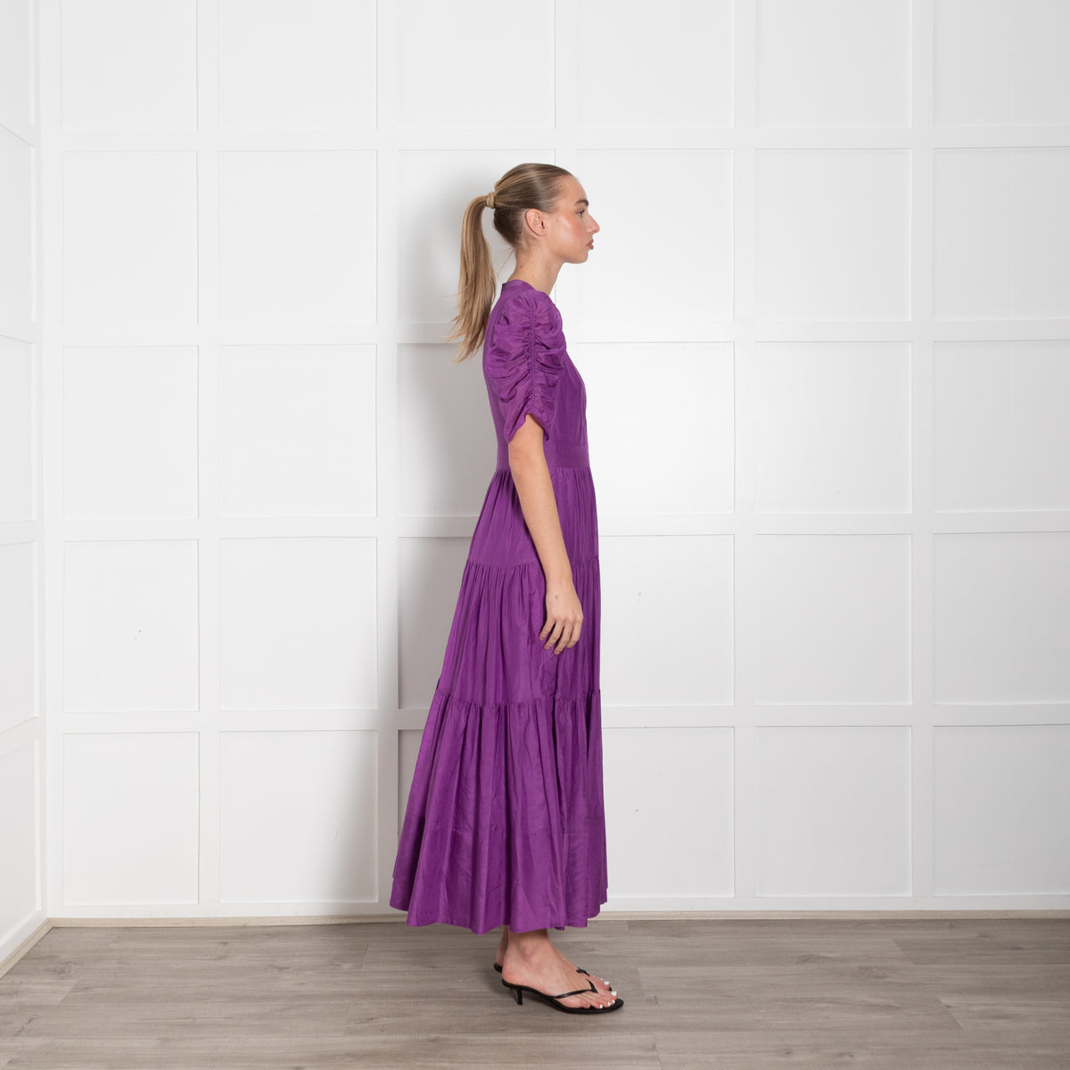 Me + Em Purple Ruched Short Sleeve Tiered Maxi Dress