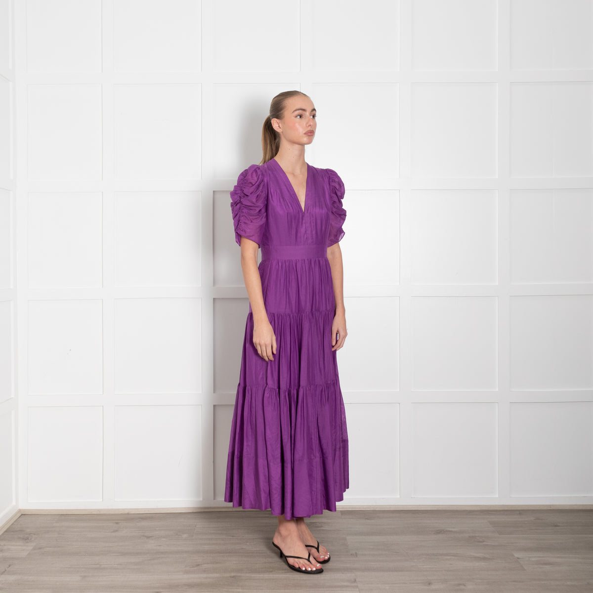 Me + Em Purple Ruched Short Sleeve Tiered Maxi Dress