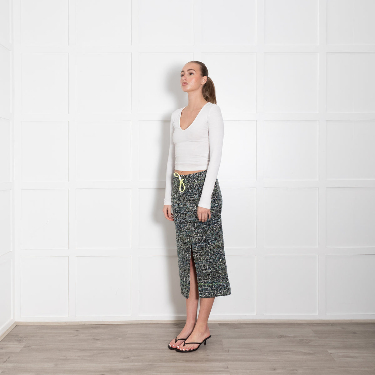 Bimba Y Lola Black White Print Green Draw String Skirt