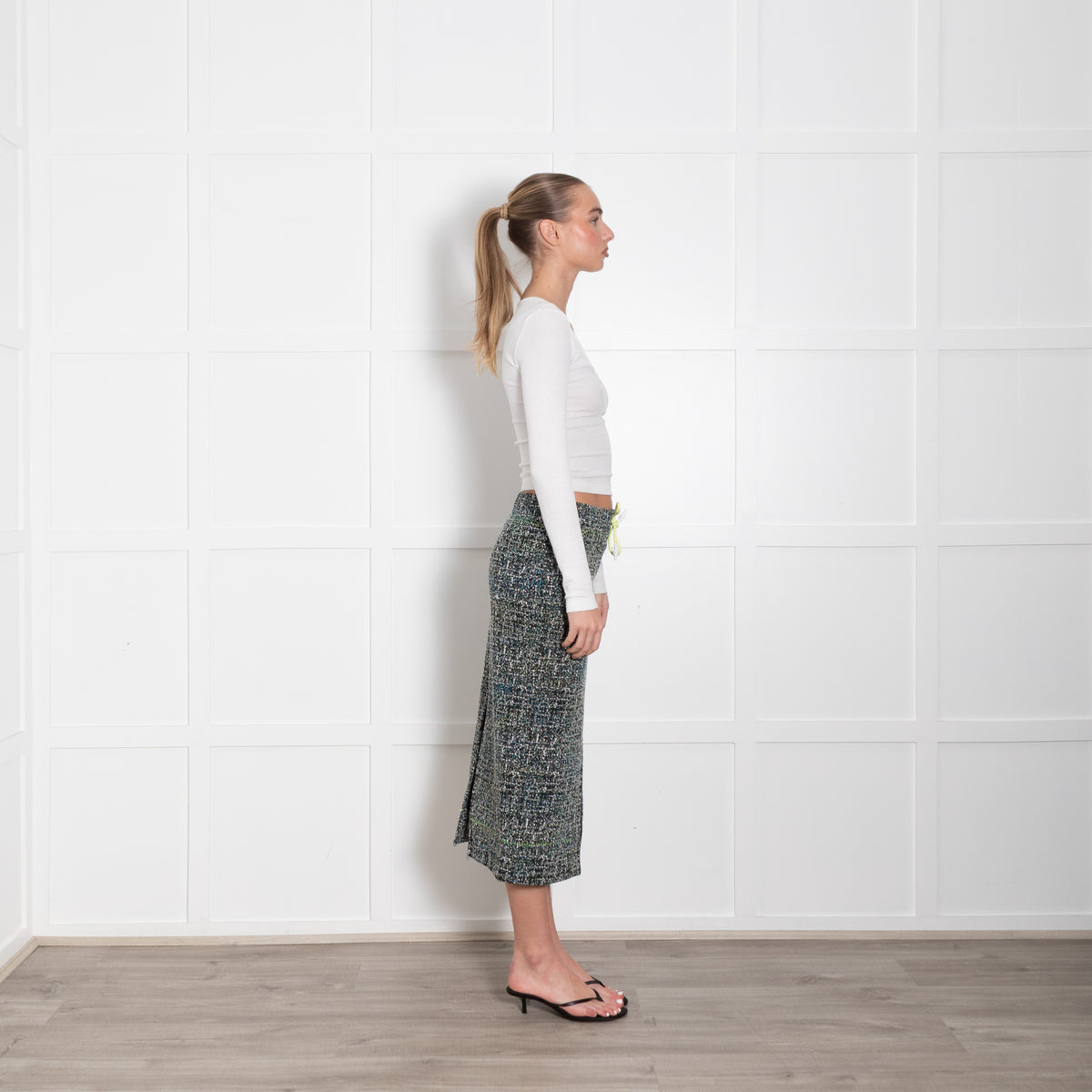 Bimba Y Lola Black White Print Green Draw String Skirt