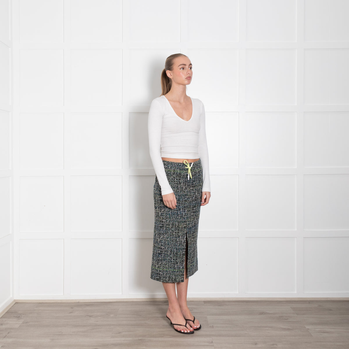 Bimba Y Lola Black White Print Green Draw String Skirt
