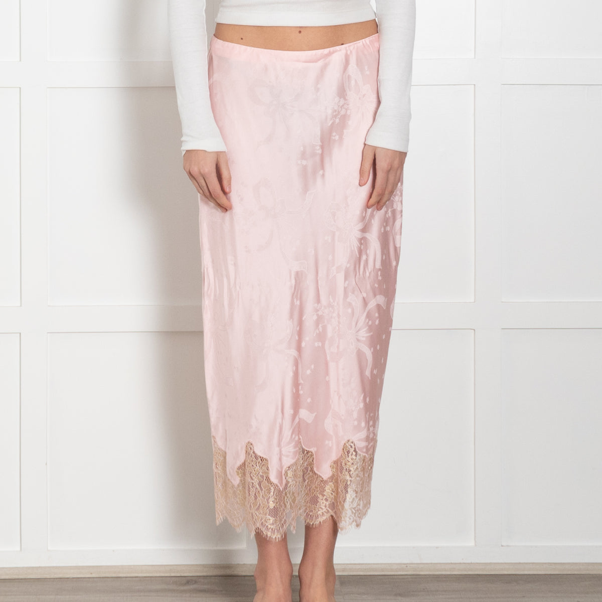LoveShackFancy Pink Silk Satin Gold Lace Trim Slip Skirt
