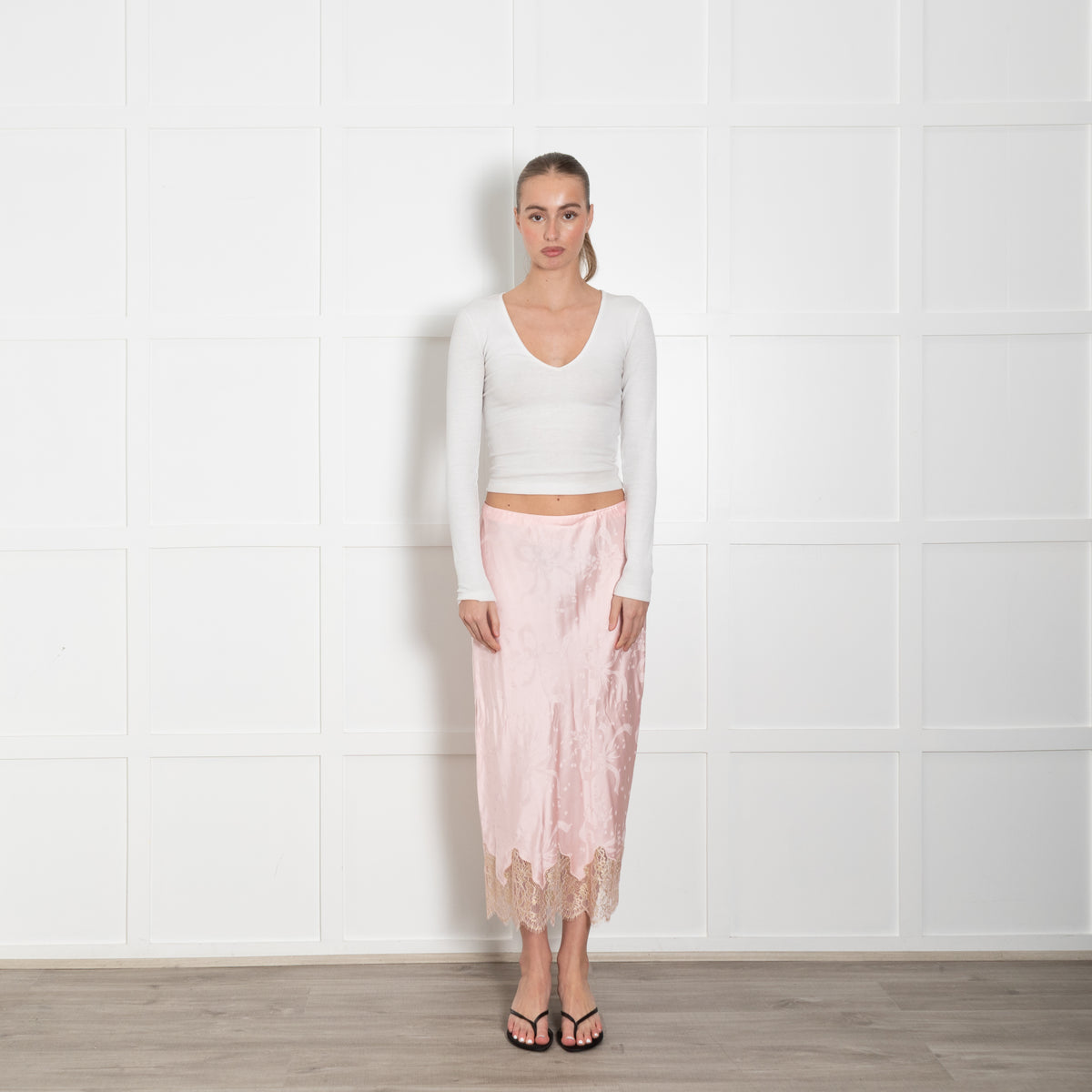 LoveShackFancy Pink Silk Satin Gold Lace Trim Slip Skirt