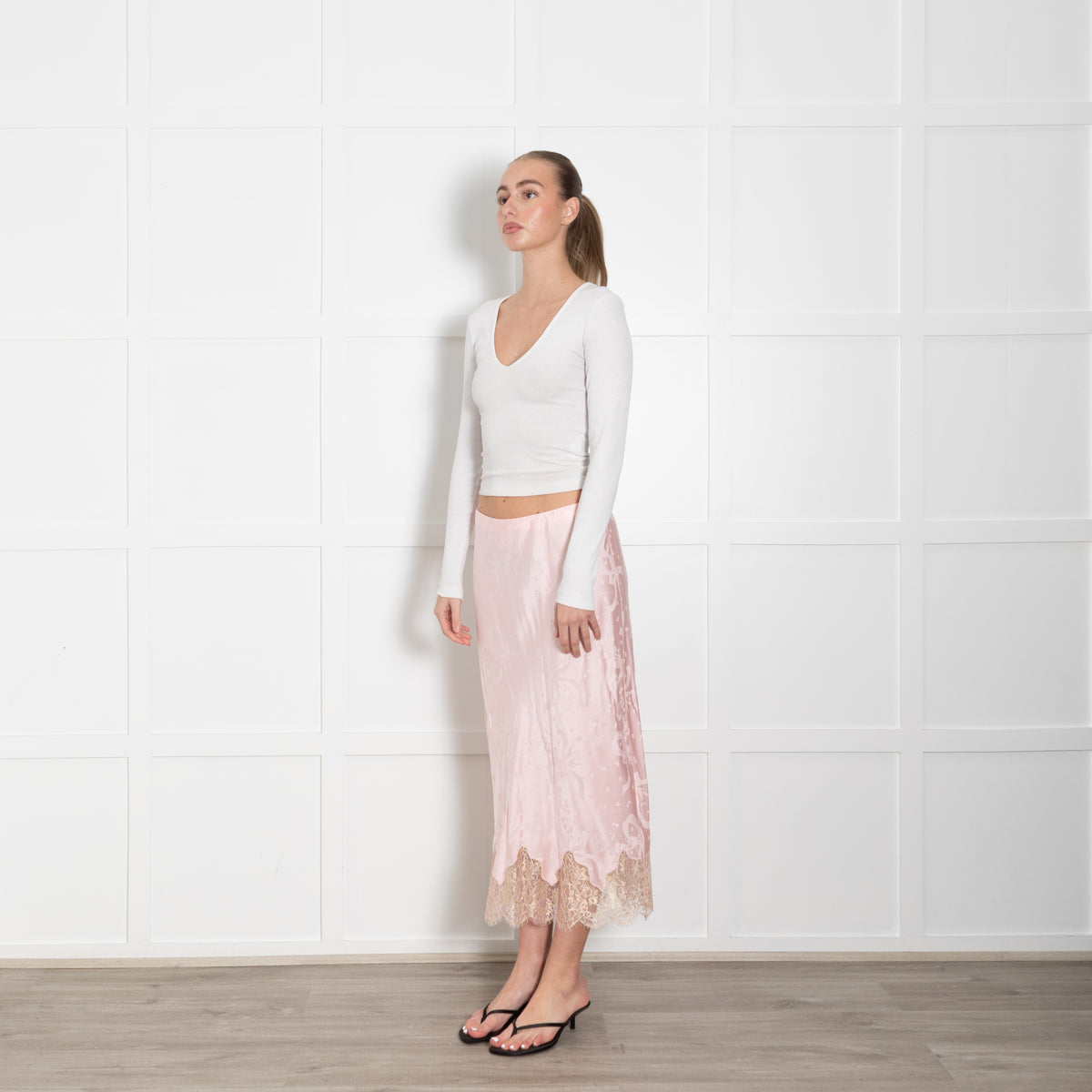 LoveShackFancy Pink Silk Satin Gold Lace Trim Slip Skirt
