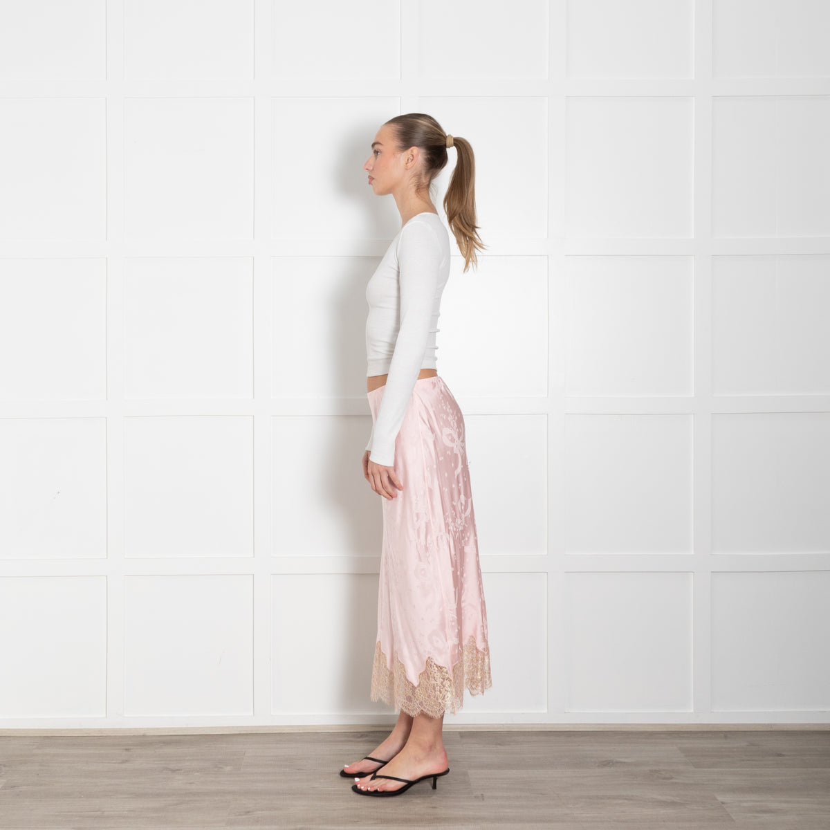 LoveShackFancy Pink Silk Satin Gold Lace Trim Slip Skirt