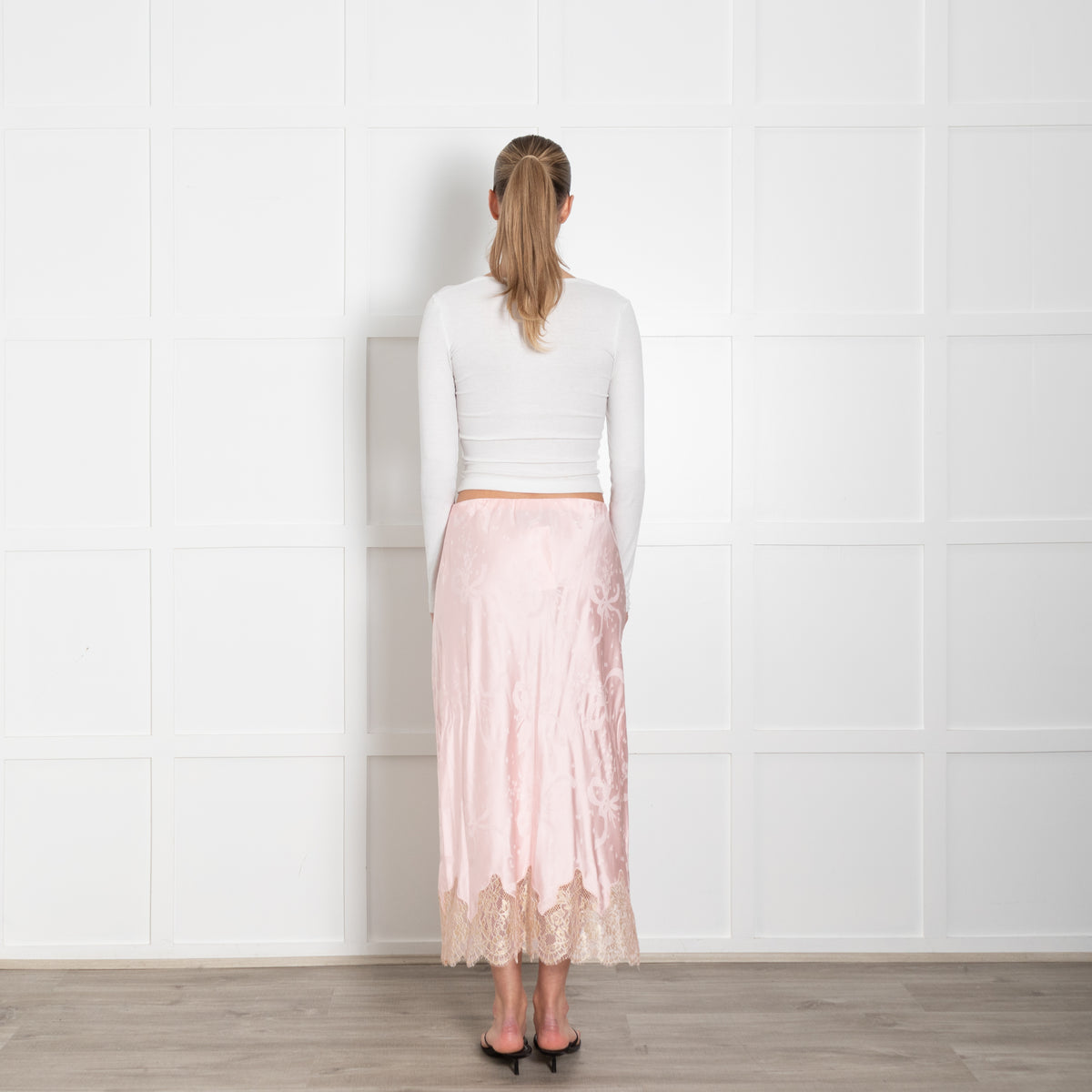 LoveShackFancy Pink Silk Satin Gold Lace Trim Slip Skirt