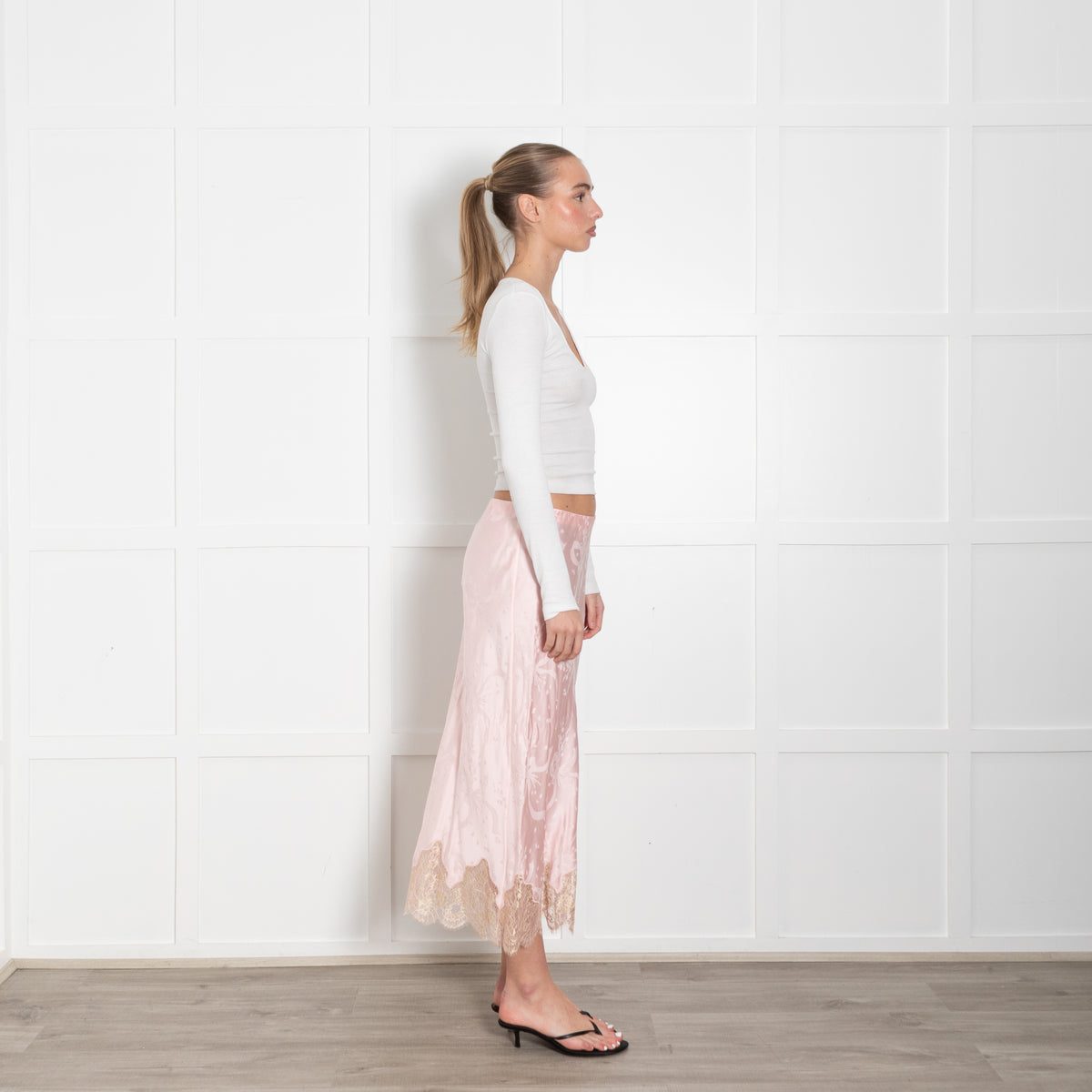 LoveShackFancy Pink Silk Satin Gold Lace Trim Slip Skirt