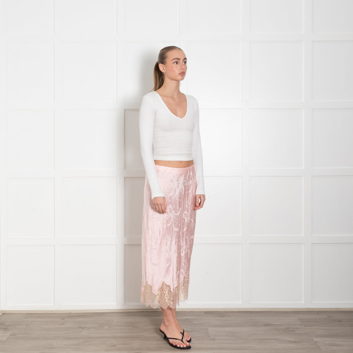 LoveShackFancy Pink Silk Satin Gold Lace Trim Slip Skirt
