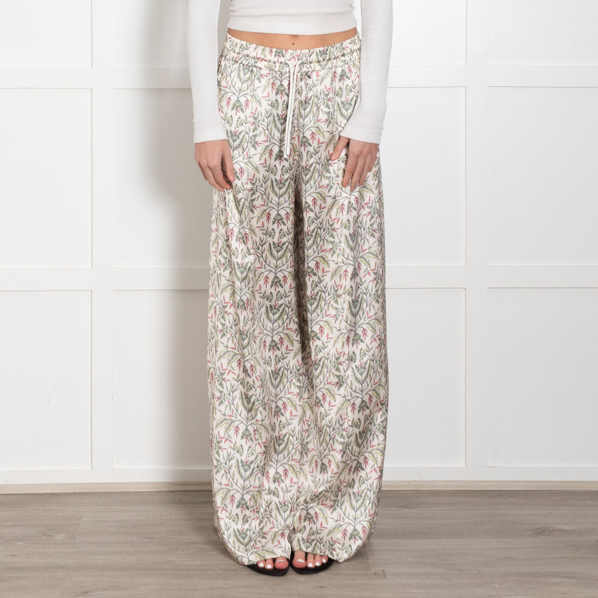 Me + Em Cream Green Floral Elasticated Waist Wide Leg Trousers