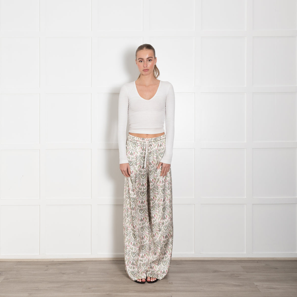 Me + Em Cream Green Floral Elasticated Waist Wide Leg Trousers