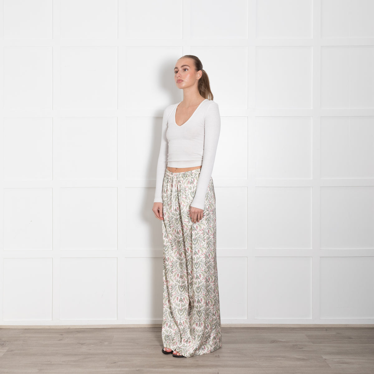 Me + Em Cream Green Floral Elasticated Waist Wide Leg Trousers