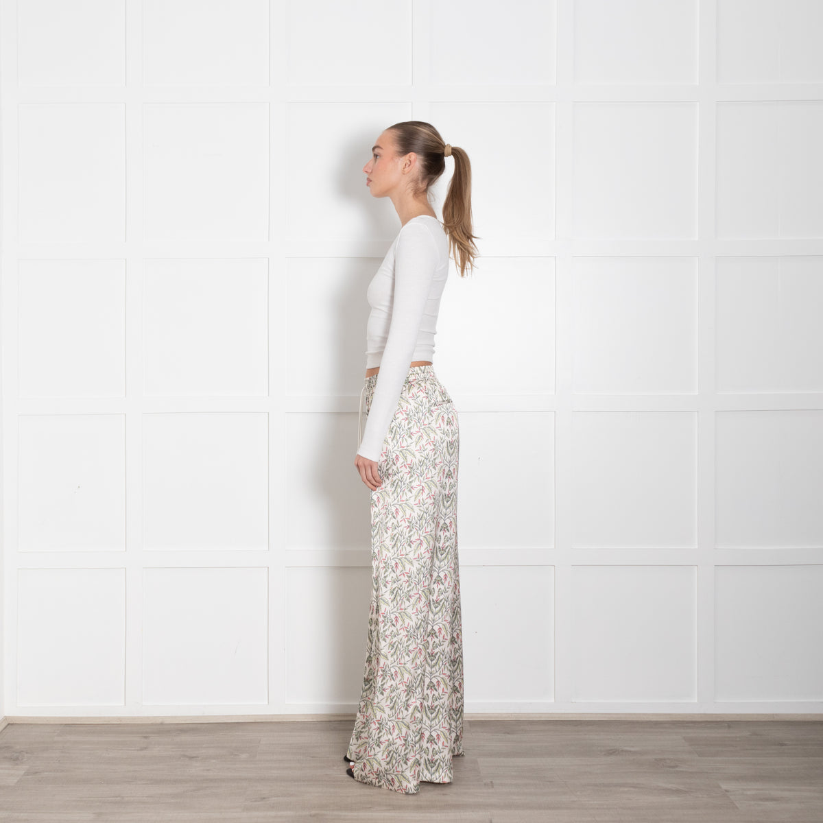 Me + Em Cream Green Floral Elasticated Waist Wide Leg Trousers