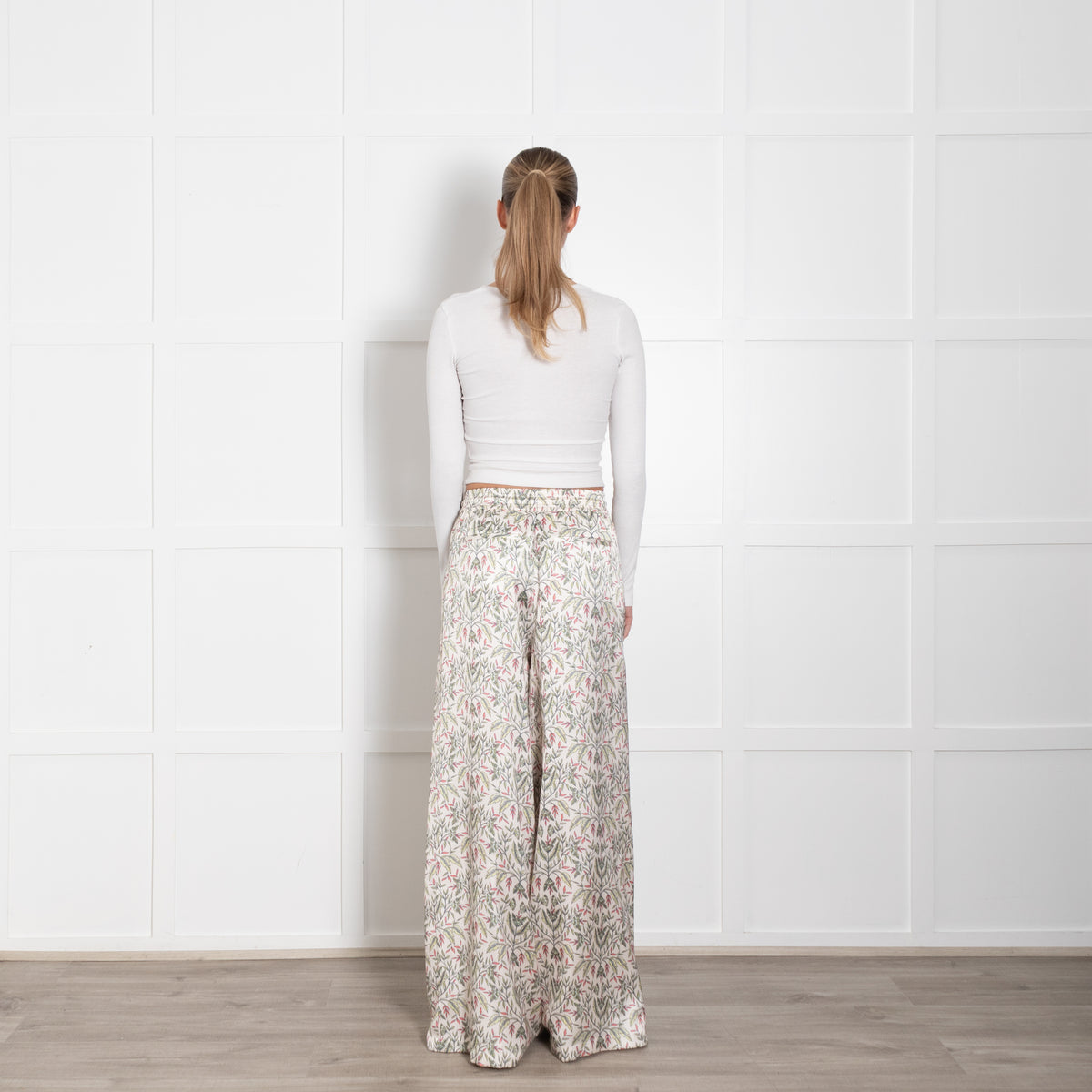 Me + Em Cream Green Floral Elasticated Waist Wide Leg Trousers