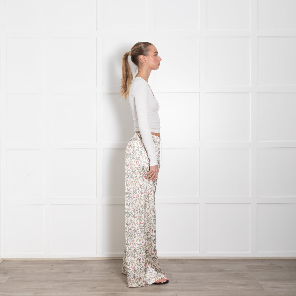 Me + Em Cream Green Floral Elasticated Waist Wide Leg Trousers