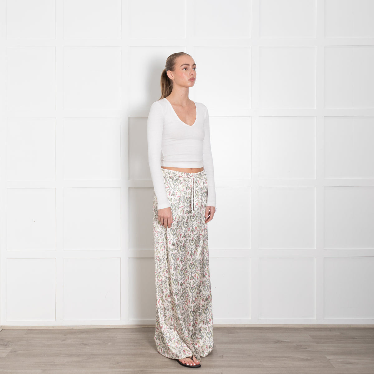 Me + Em Cream Green Floral Elasticated Waist Wide Leg Trousers