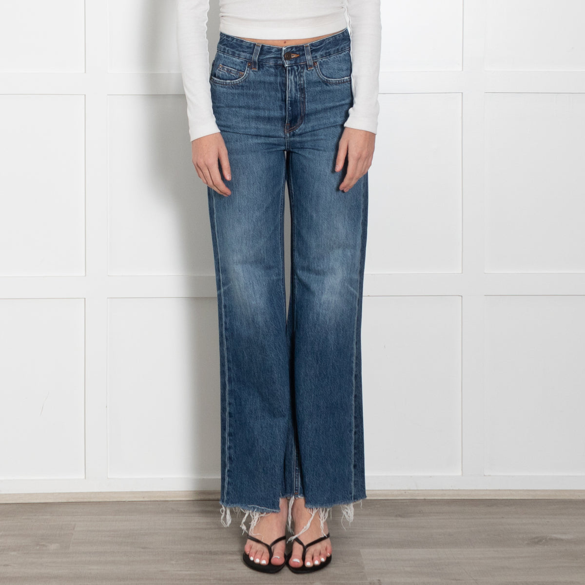 Me + Em Blue Denim Raw Edges Flared Jeans