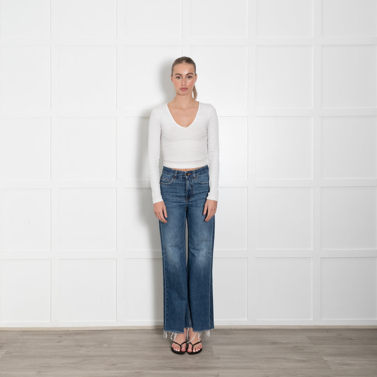 Me + Em Blue Denim Raw Edges Flared Jeans