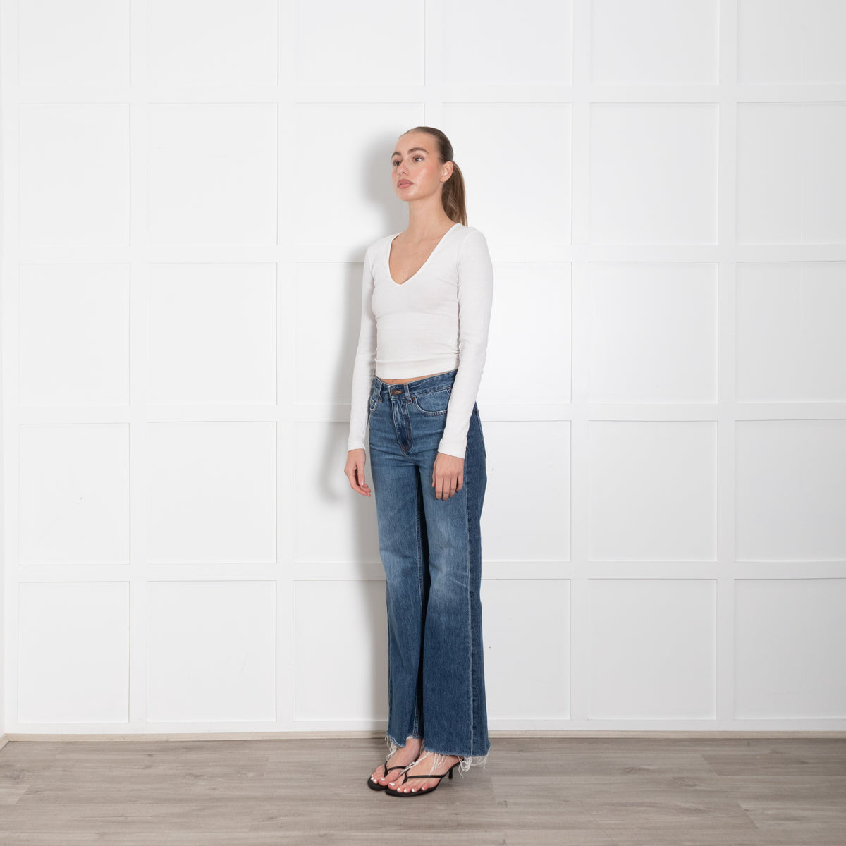 Me + Em Blue Denim Raw Edges Flared Jeans