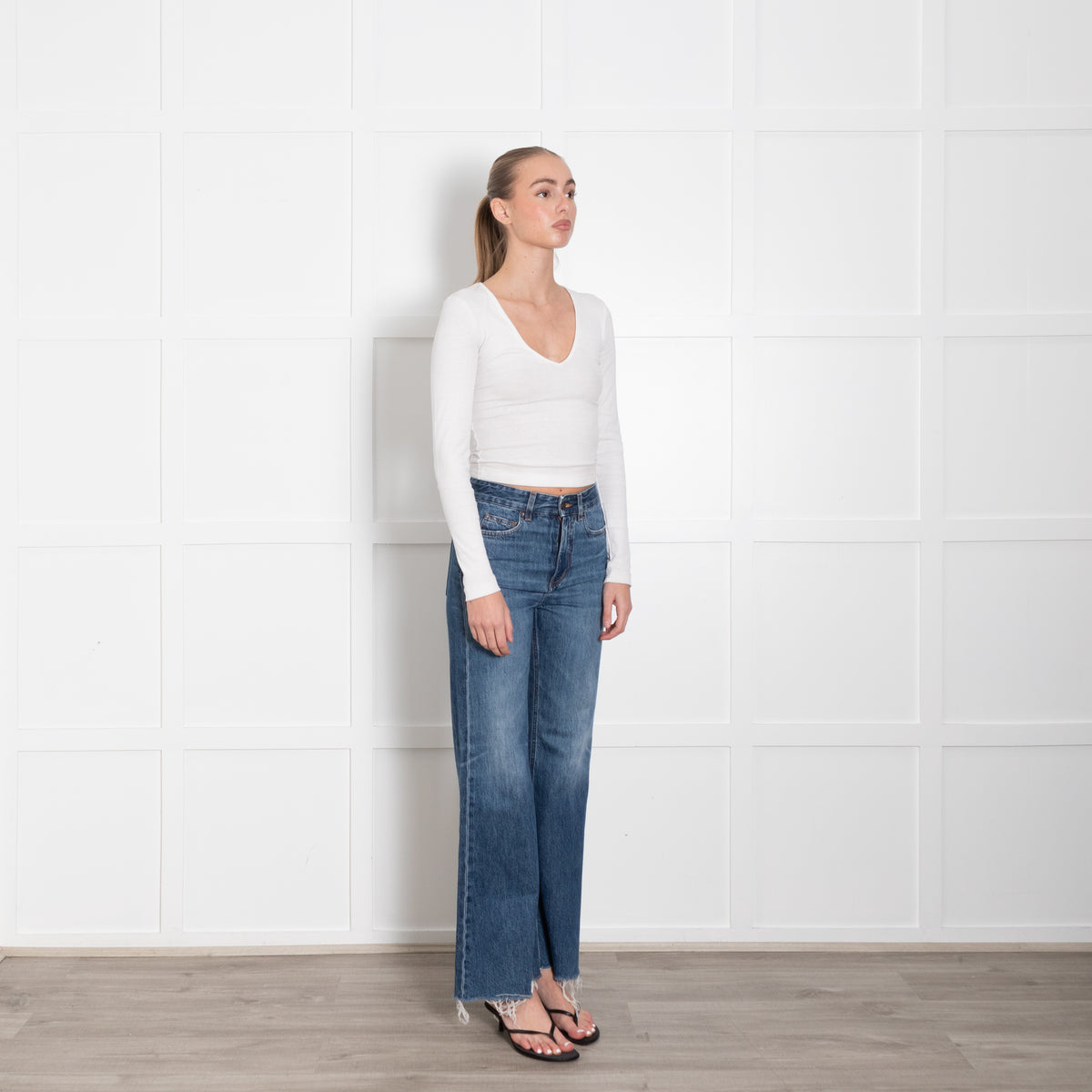 Me + Em Blue Denim Raw Edges Flared Jeans