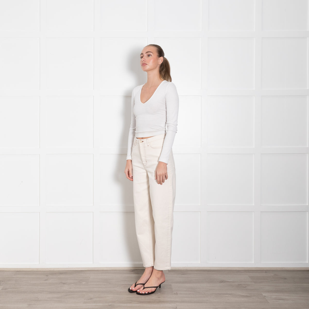 Me + Em Cream Denim Barrel Leg Buckle Detail Jeans